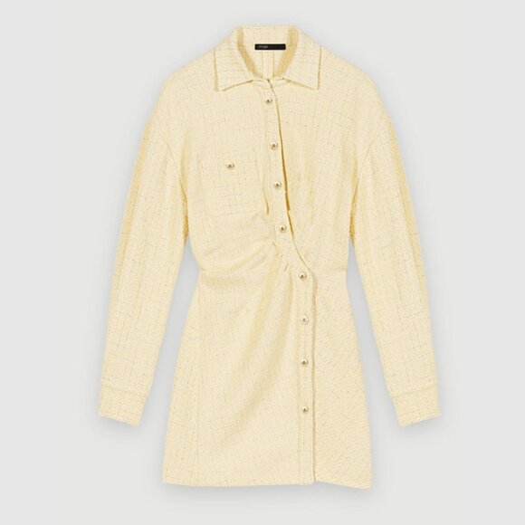NWT Maje Rillo Mini Shirt Dress Jaune Pale Lurex Tweed Asymmetrical Button Front - Picture 2 of 9